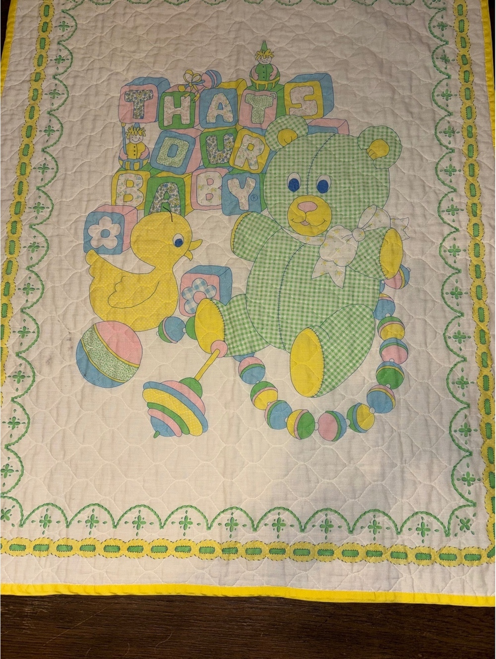 Vintage 1980s That’s Our Baby Printed Crib Quilt Green Gingham Bear Duck 33x43